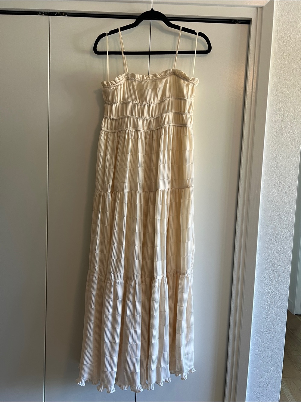 Cream Smocked Midi Dress with Spaghetti Straps